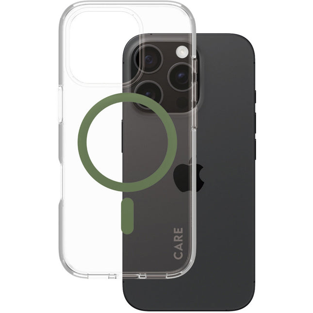 CARE by PanzerGlass Flagship Case Transparent Urban Combat met groen frame & MagSafe iPhone 16 Pro
